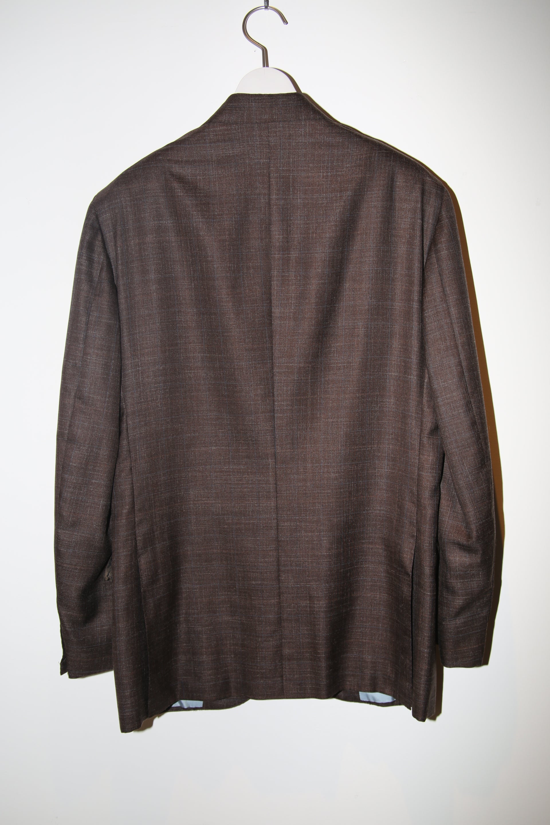2000 KITON / CASHMERE SILK LINEN TAILORED SUIT IN DARK BROWN CHECK : SIZE 48