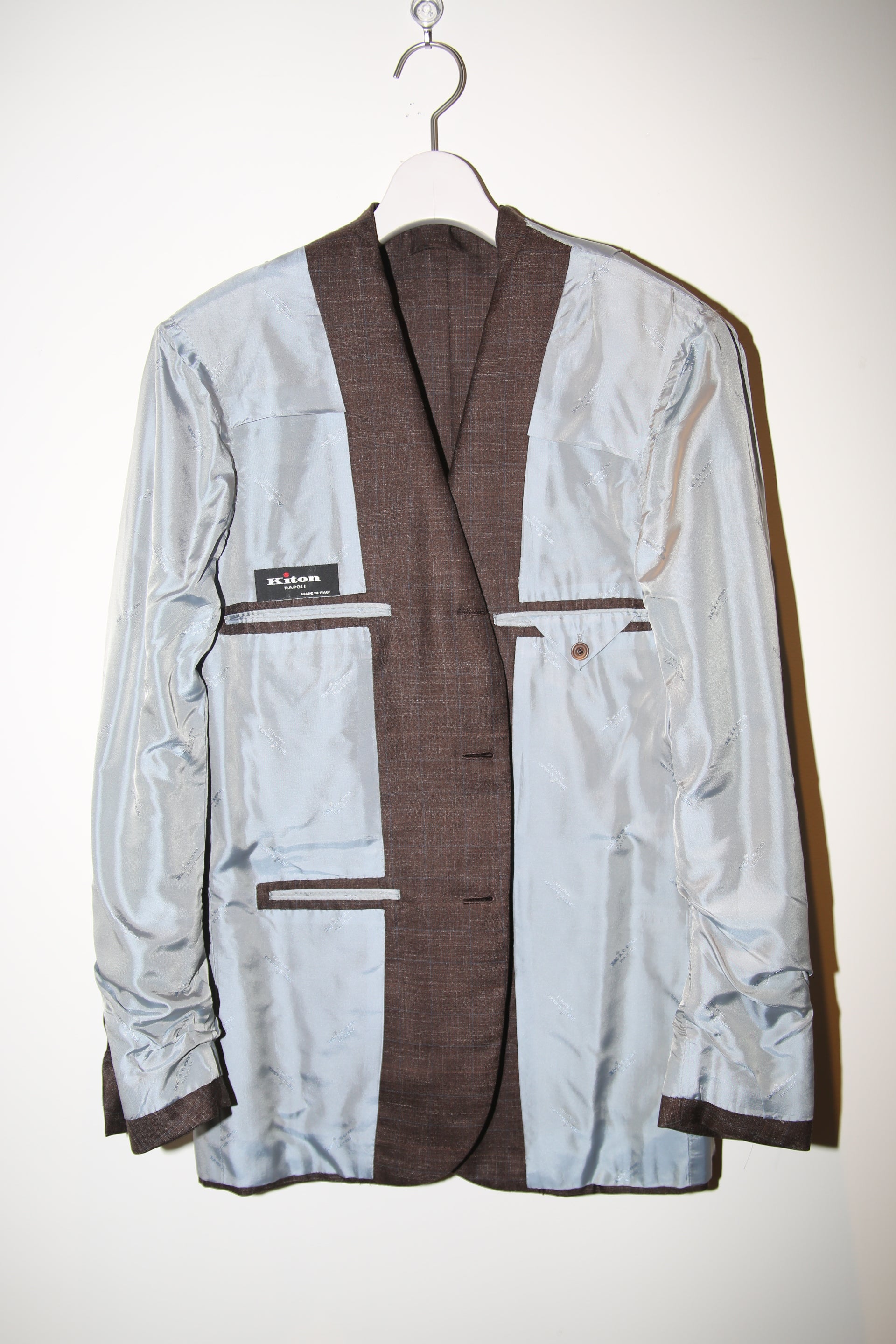 2000 KITON / CASHMERE SILK LINEN TAILORED SUIT IN DARK BROWN CHECK : SIZE 48