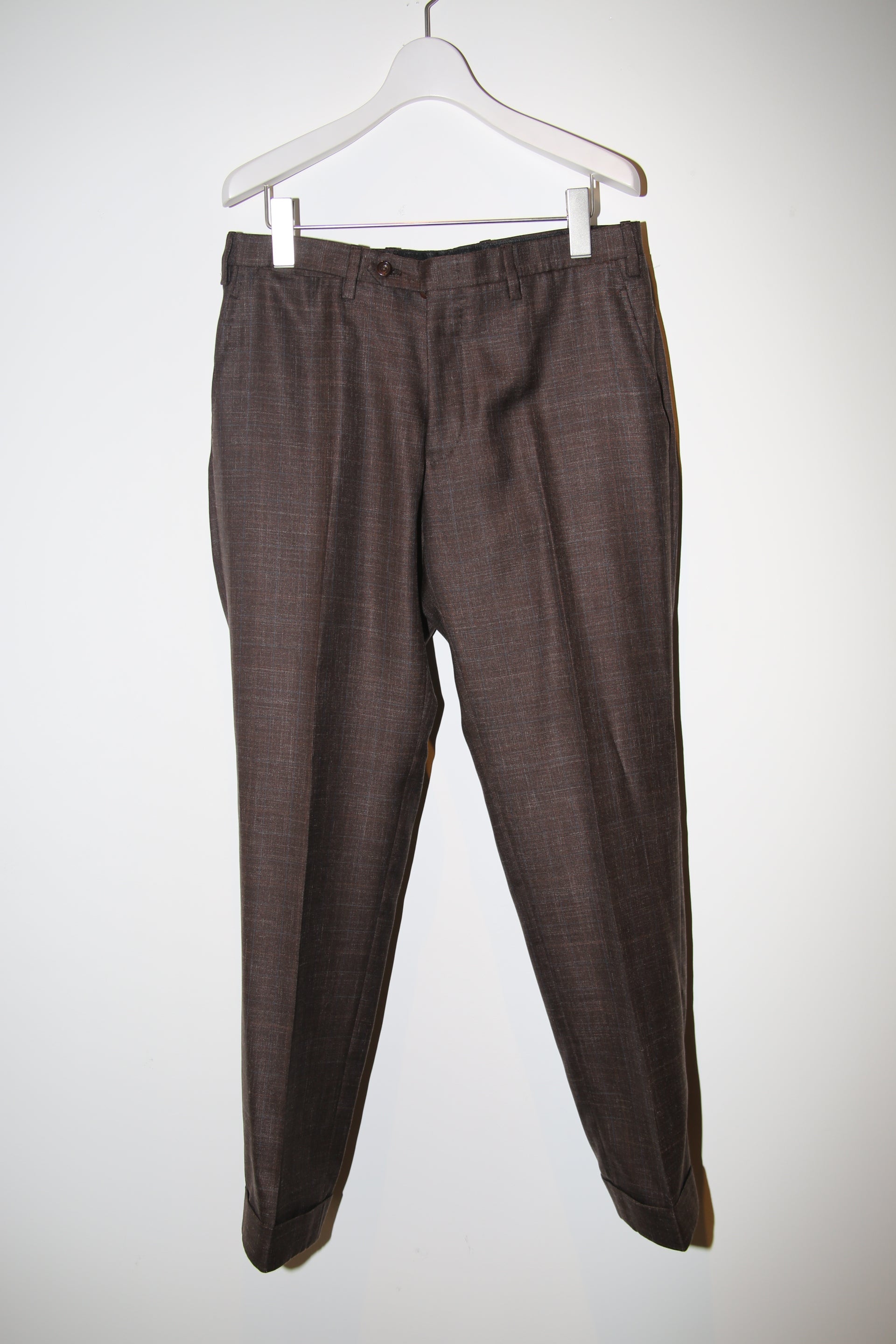 2000 KITON / CASHMERE SILK LINEN TAILORED SUIT IN DARK BROWN CHECK : SIZE 48