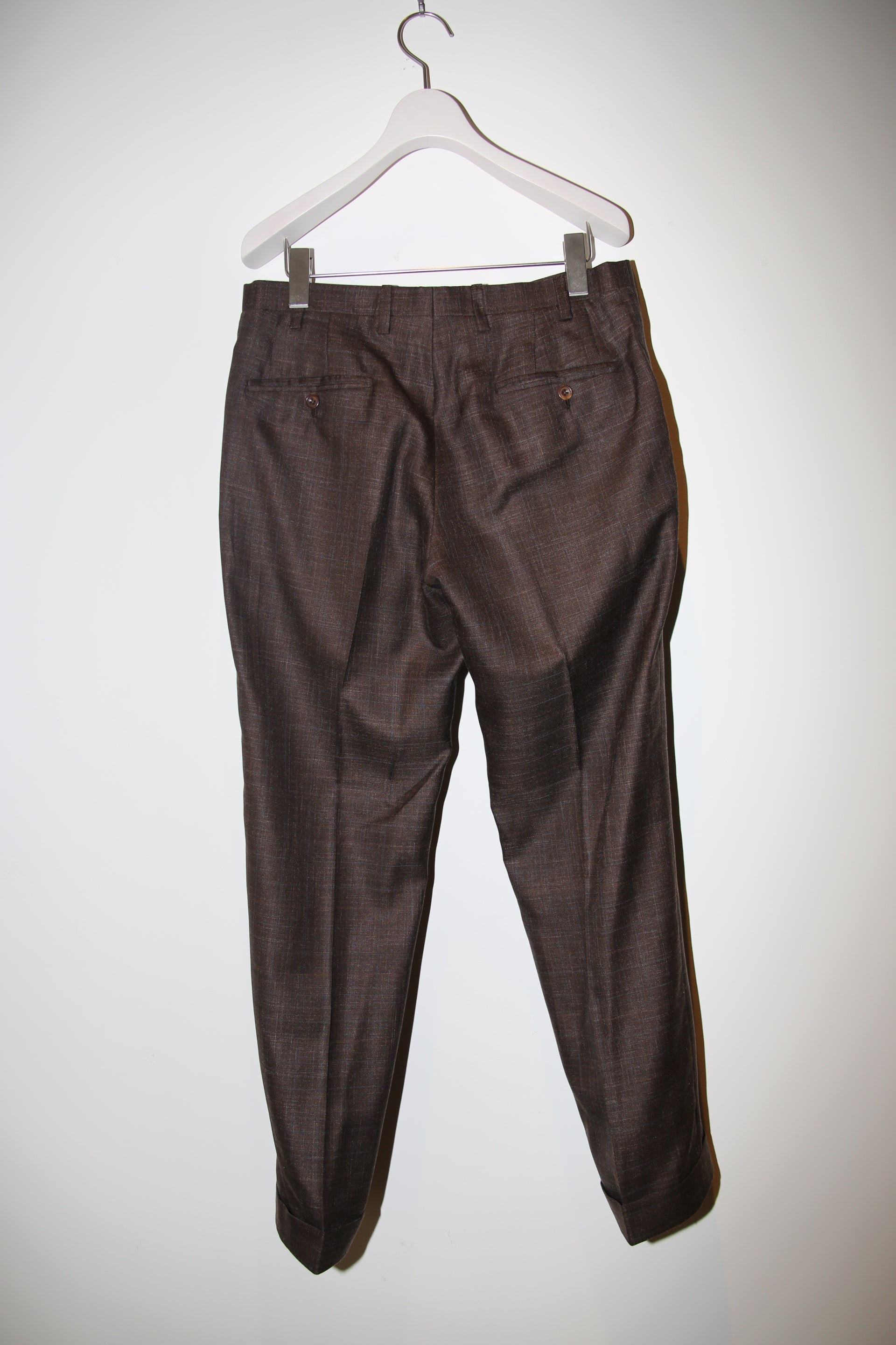 2000 KITON / CASHMERE SILK LINEN TAILORED SUIT IN DARK BROWN CHECK : SIZE 48
