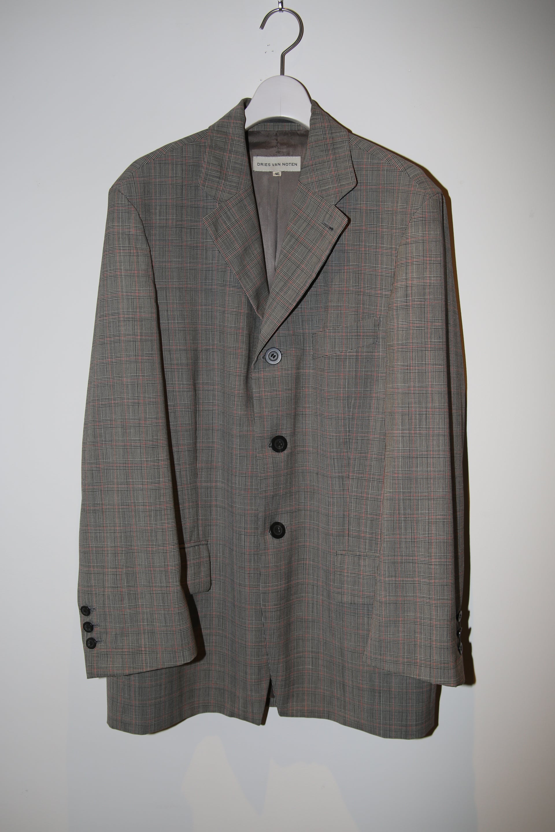 2000 DRIES VAN NOTEN / GLEN CHECK WOOL TAILORED JACKET IN GREY : SIZE 46