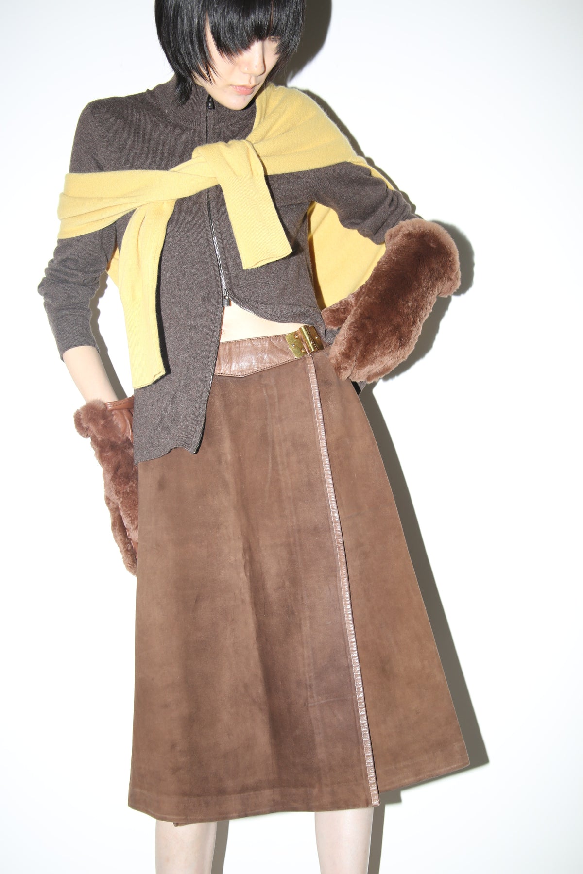 1970 HERMES / SUEDE LEATHER WRAP SKIRT WITH INDUSTRIAL CLOSURE