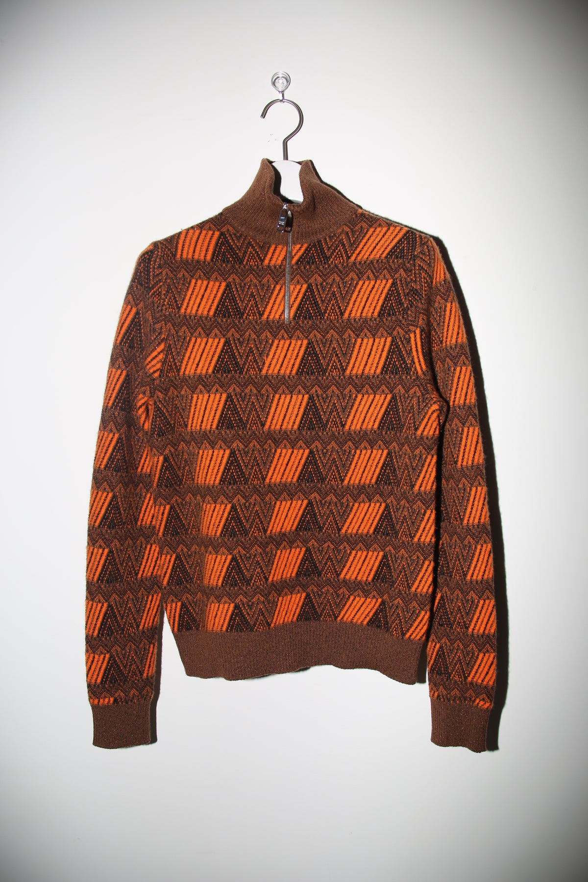 2018 PRADA / CASHMERE WOOL METALLIC JACQUARD DRIVERS SWEATER WITH HALF ZIP
