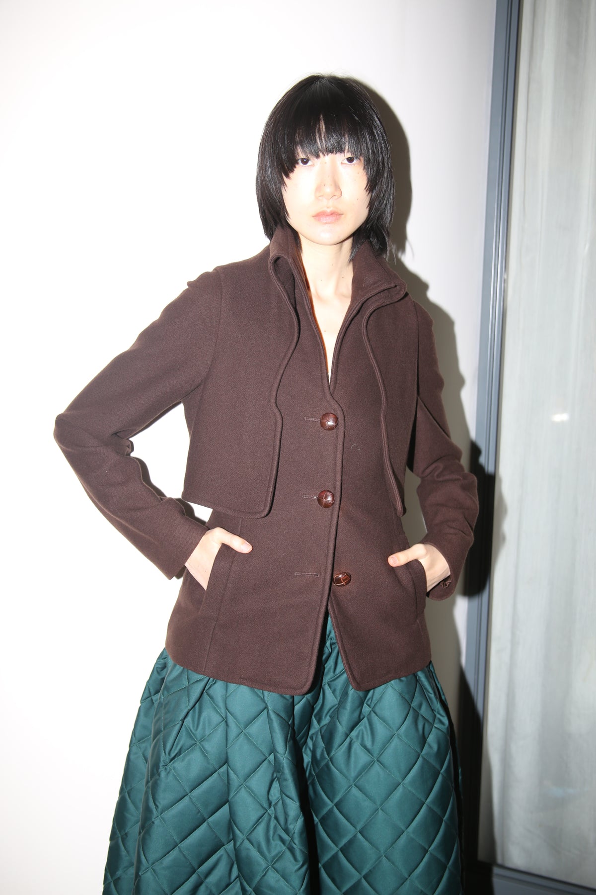 2004 HUSSEIN CHALAYAN / WOOL LAYER JACKET IN BROWN