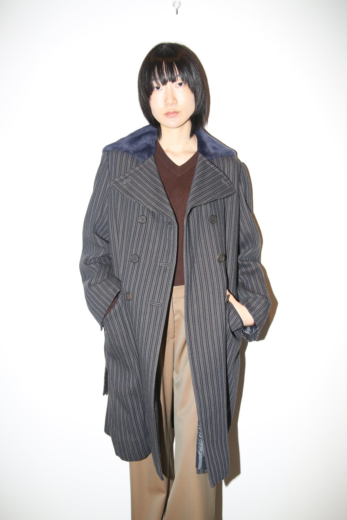 1990 ROMEO GIGLI / DOUBLE BREASTED WOOL STRIPE COAT WITH BOA COLLAR