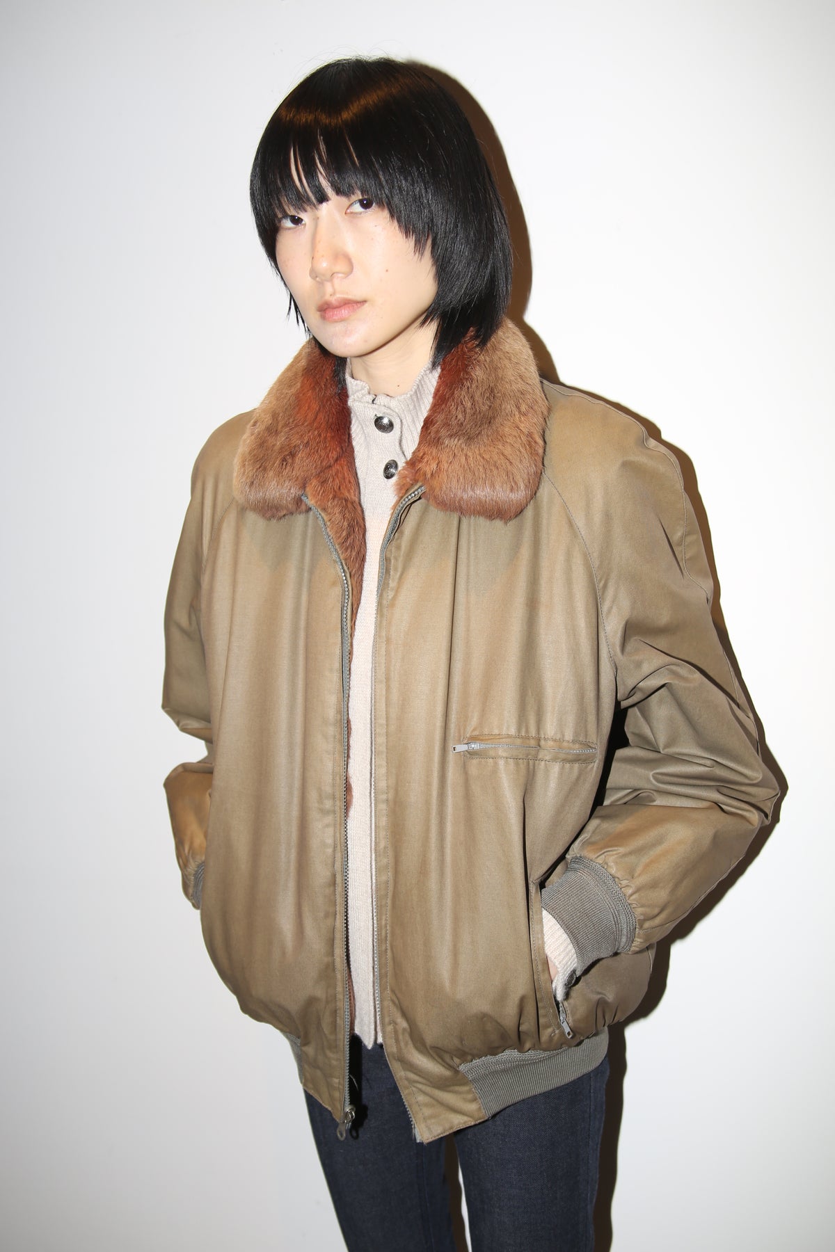 1980 VINTAGE / REVERSIBLE BOMBER JACKET WITH RABBIT FUR