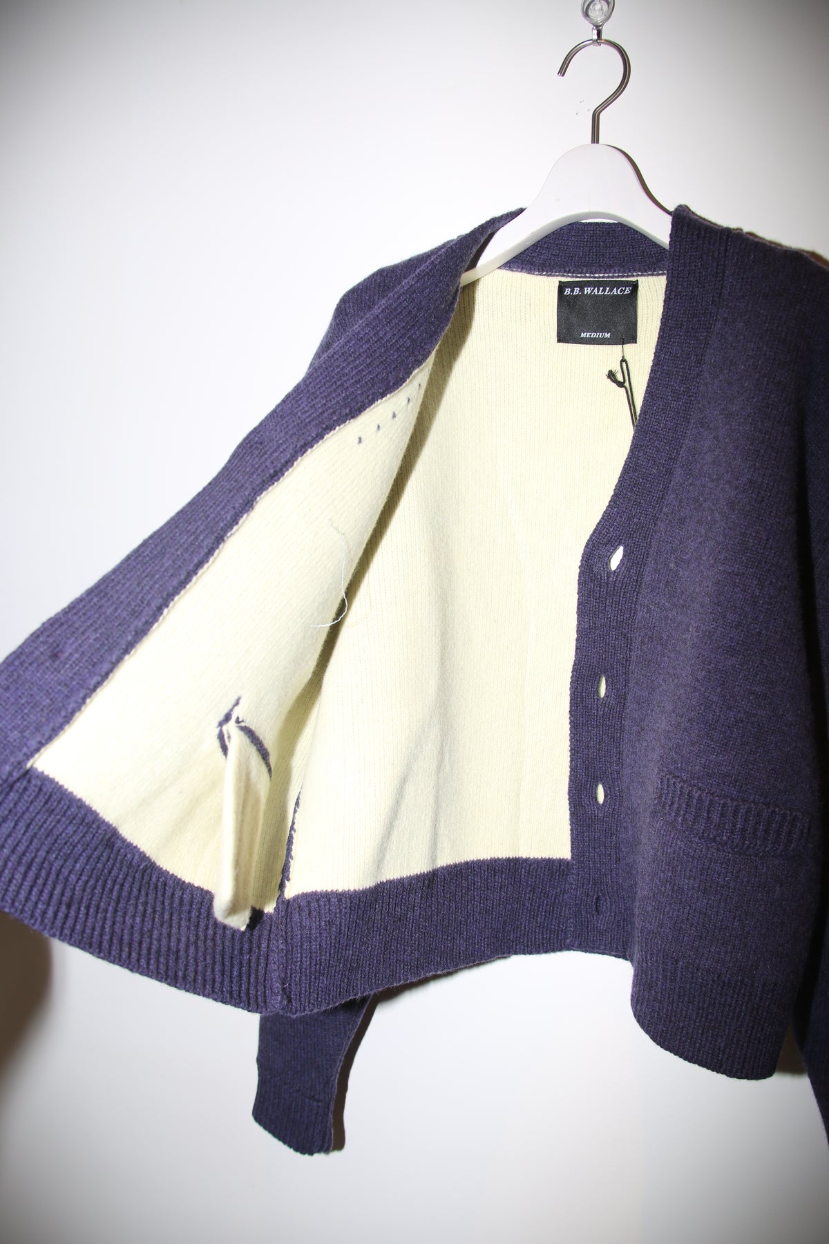 B.B. WALLACE / WYLIE SHETLAND HEAVY CARDIGAN IN PURPLE HAZE NAVY