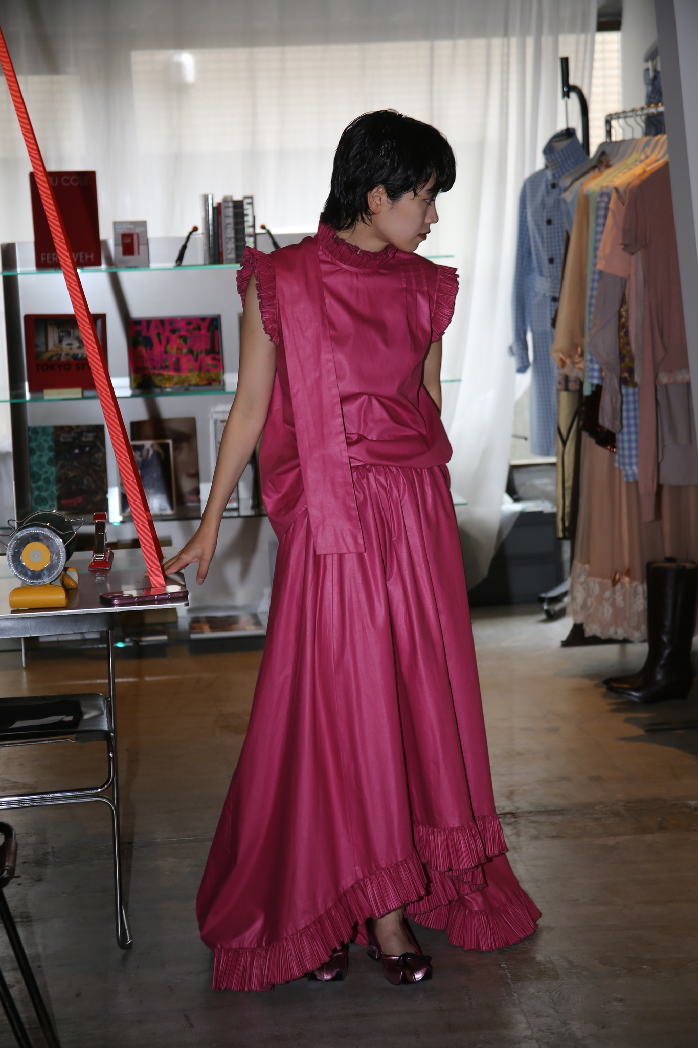 1970 VICTOR COSTA / COTTON FRILL MAXI SKIRT IN FUCHIA