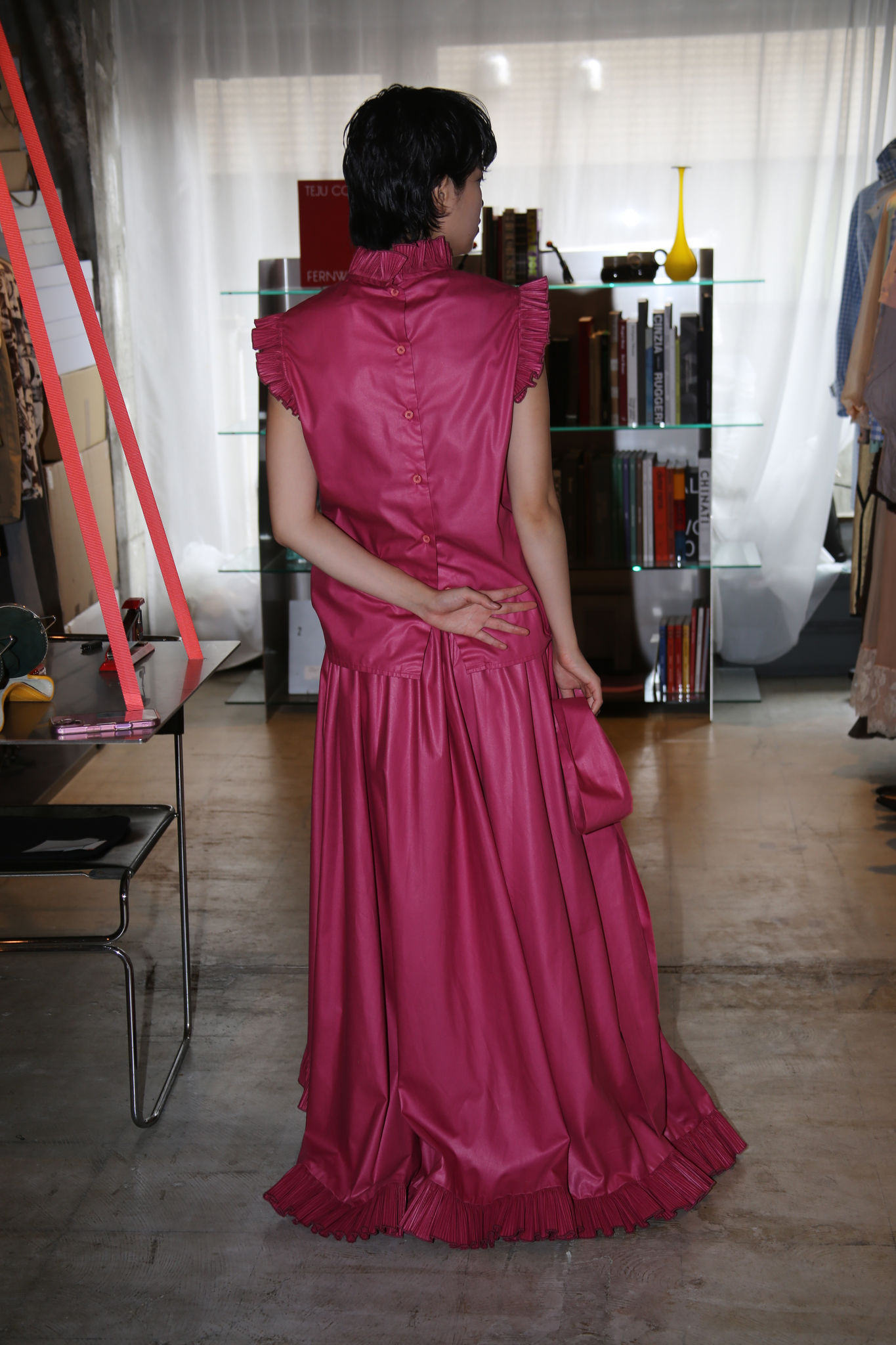 1970 VICTOR COSTA / COTTON FRILL MAXI SKIRT IN FUCHIA