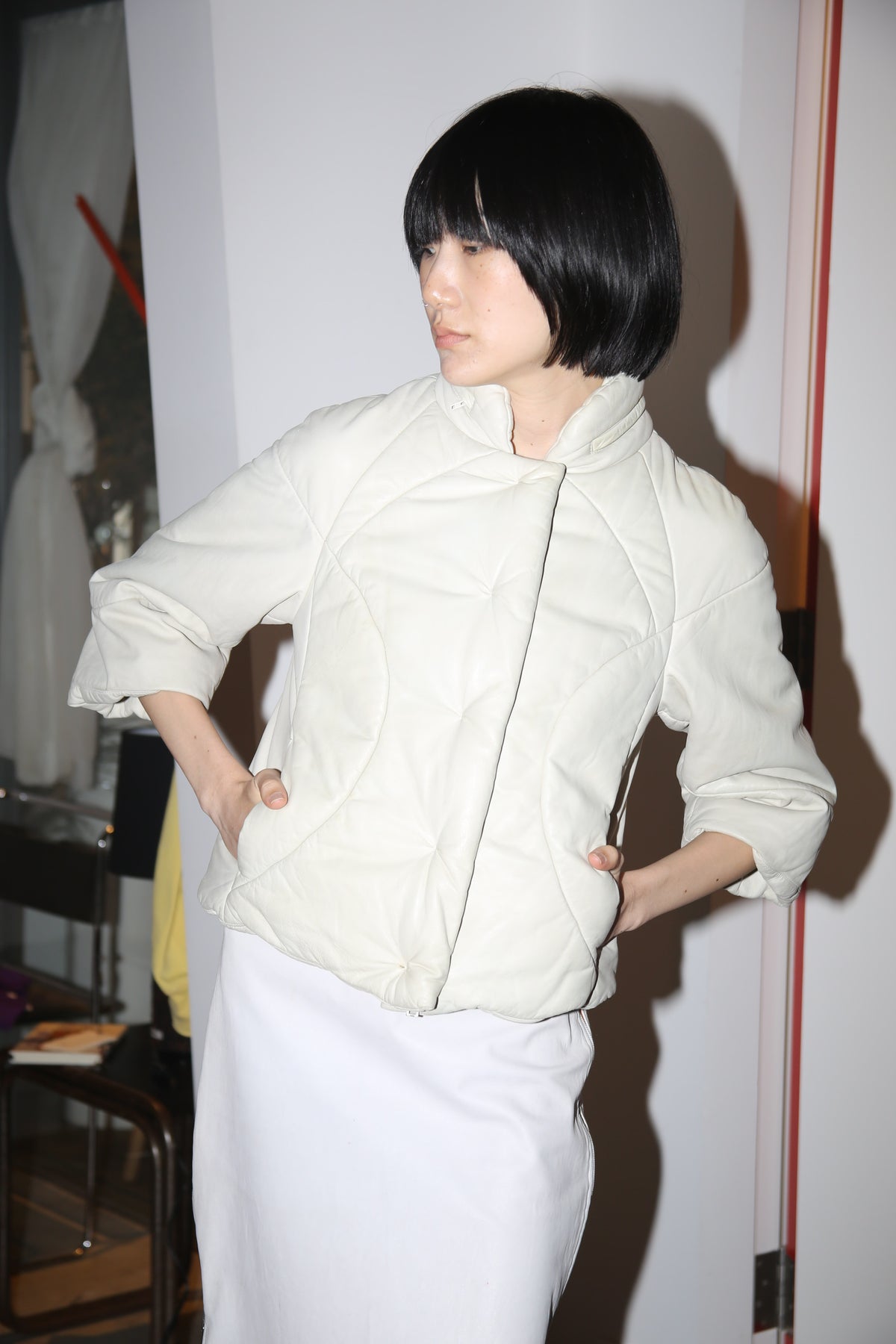 2004 MIU MIU / QUARTER SLEEVE LEATHER PADDED JACKET IN OFF WHITE