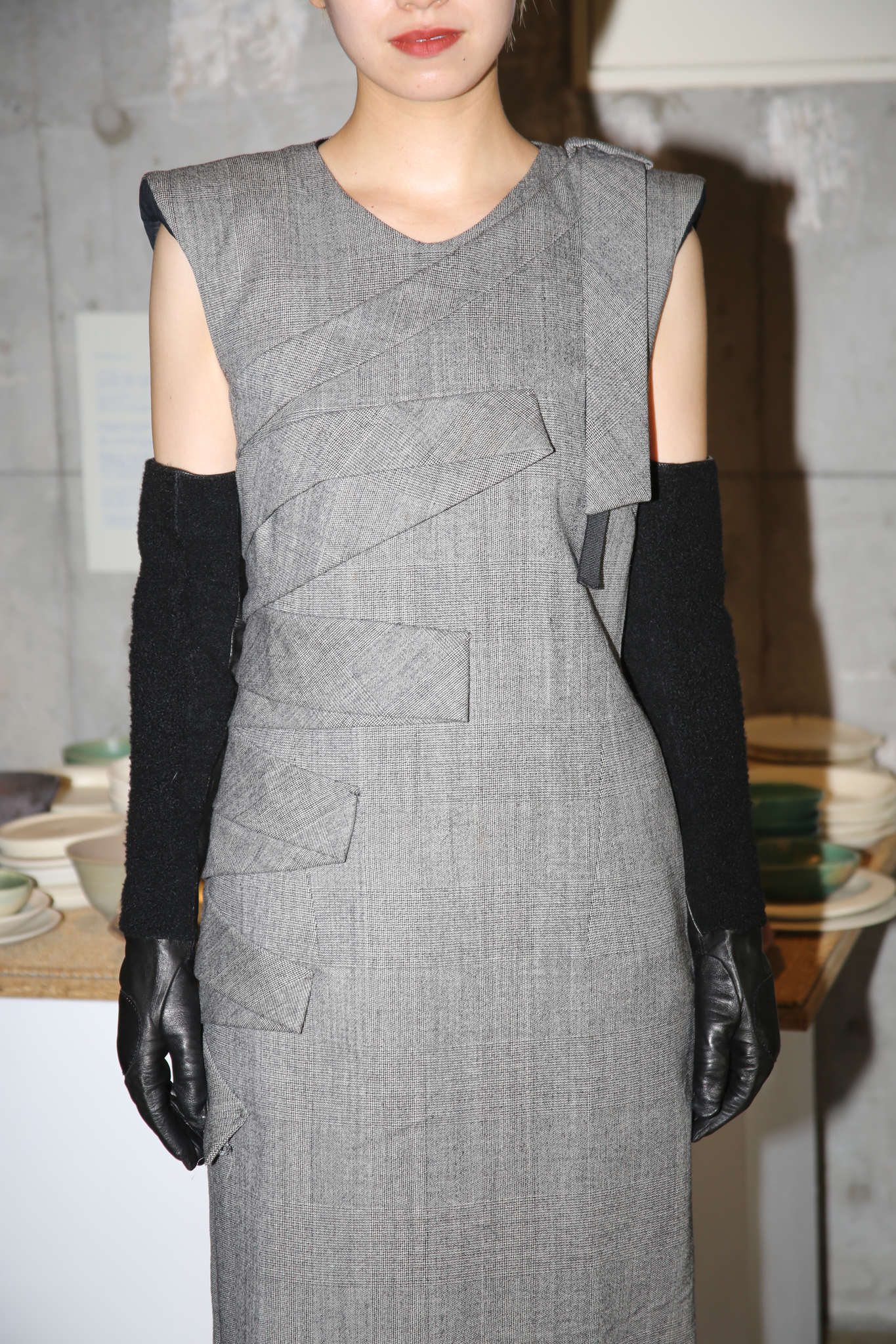 2000 GIANFRANCO FERRE / PADDED SHOULDER DRESS IN GLENCHECK WOOL