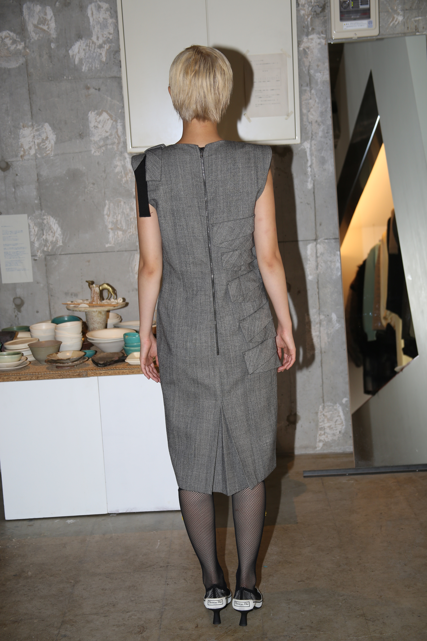 2000 GIANFRANCO FERRE / PADDED SHOULDER DRESS IN GLENCHECK WOOL