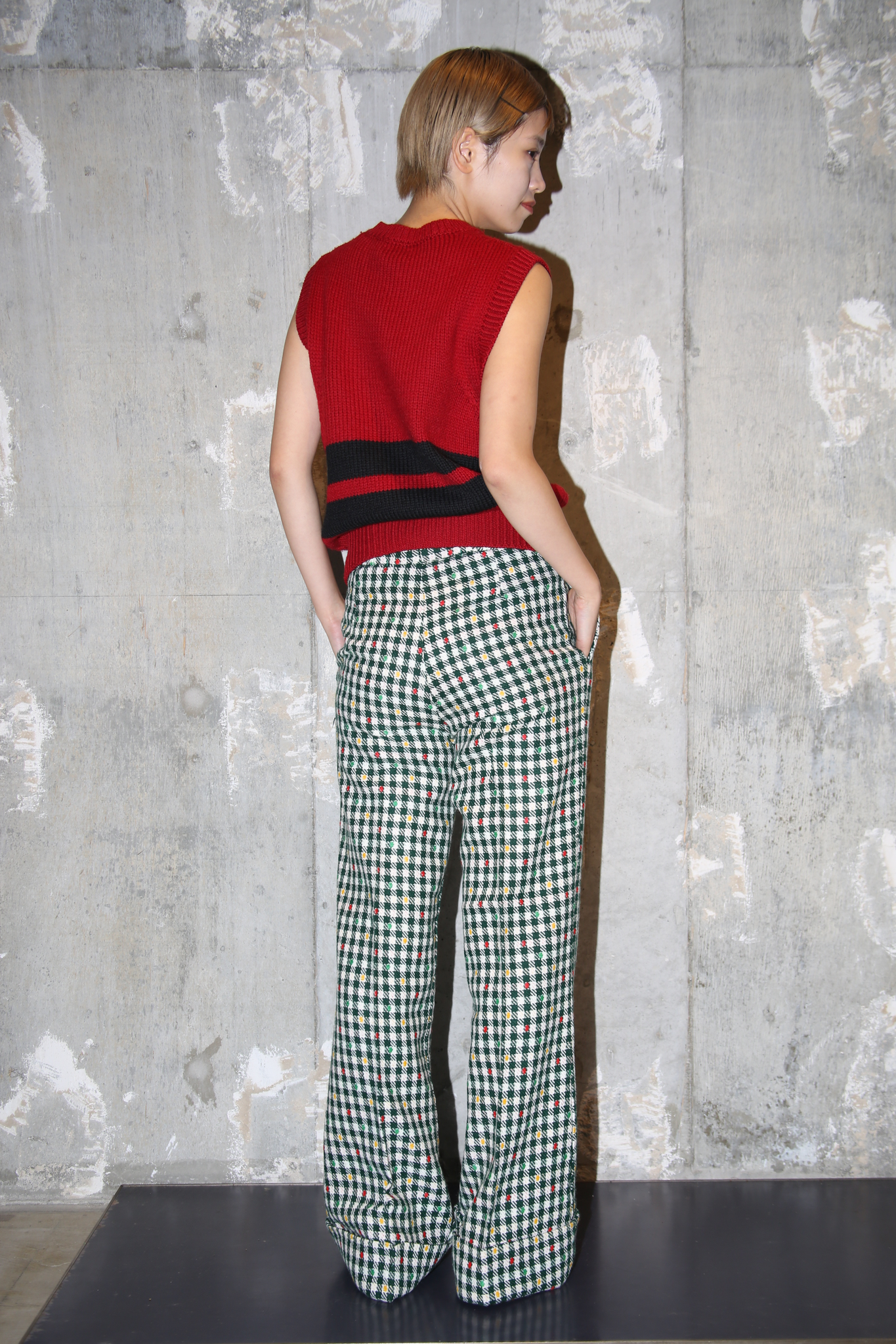 1970 VINTAGE / GINGHUM CHECK FLARE TROUSER IN GREEN
