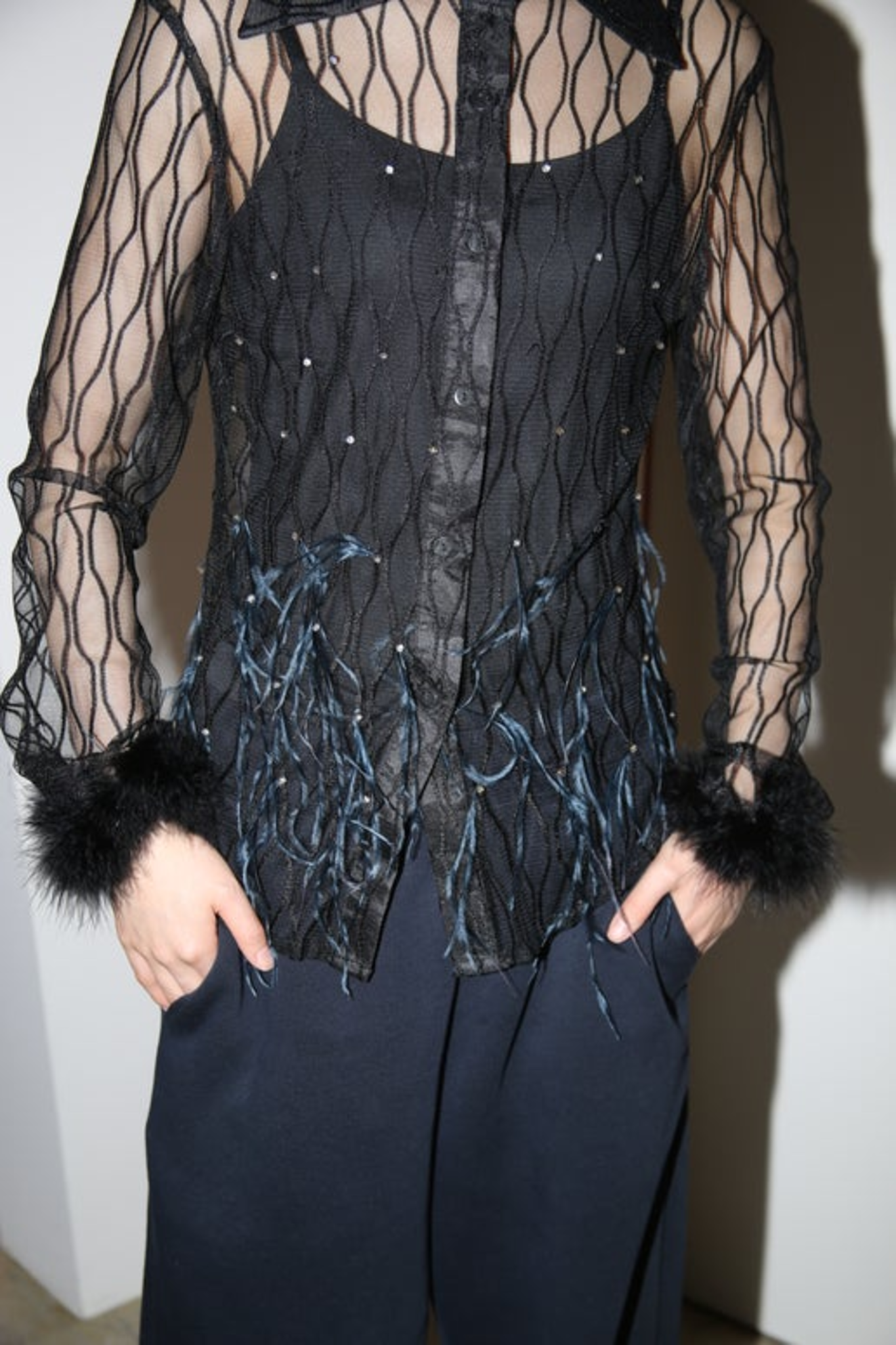 1990 VINTAGE / SHEER MESH SHIRT WITH FEATHER