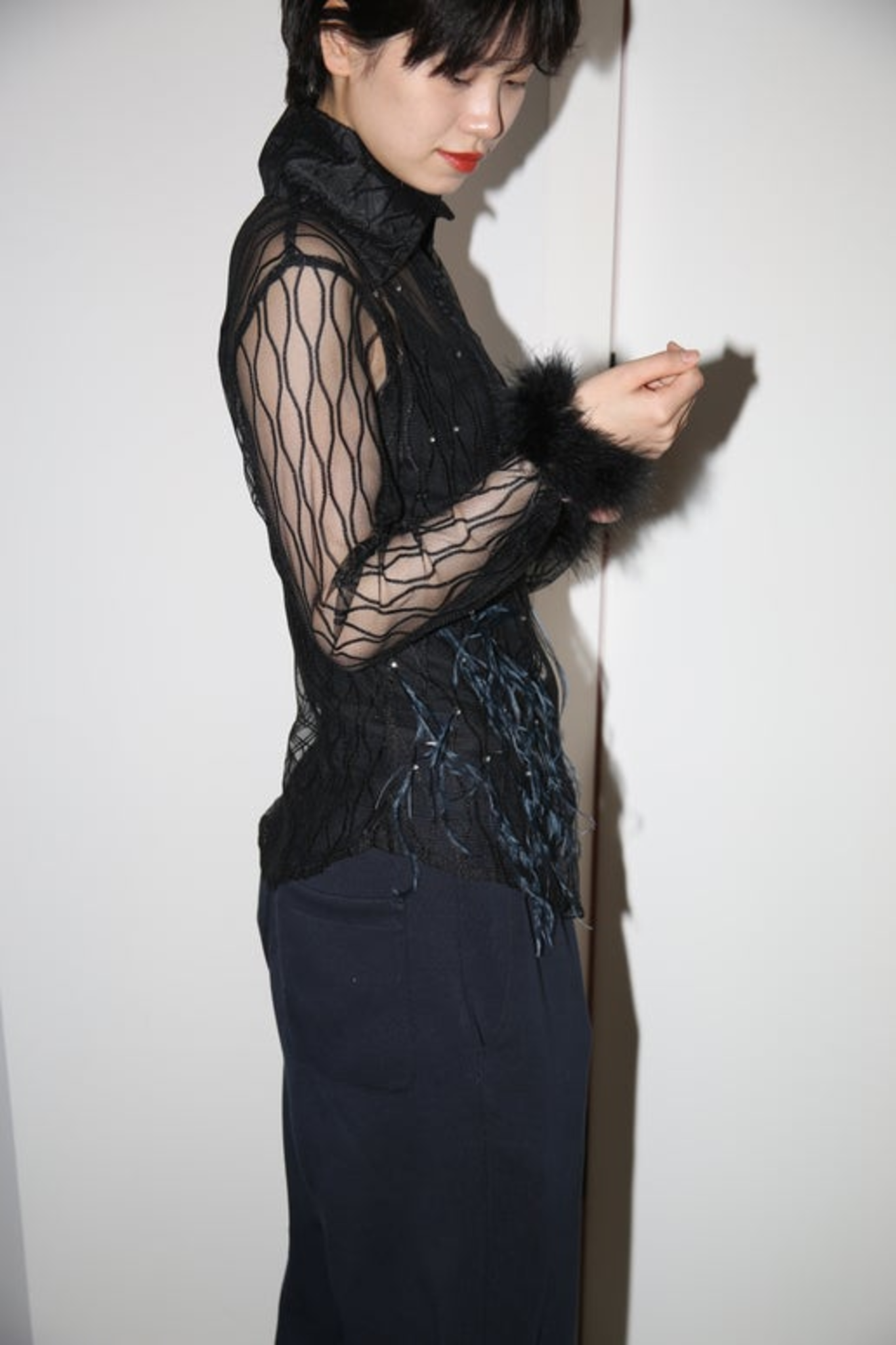 1990 VINTAGE / SHEER MESH SHIRT WITH FEATHER