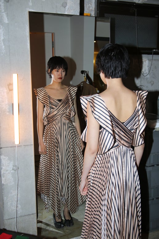 SELF PORTRAIT / STRIPE SATIN PLEATED DRESS