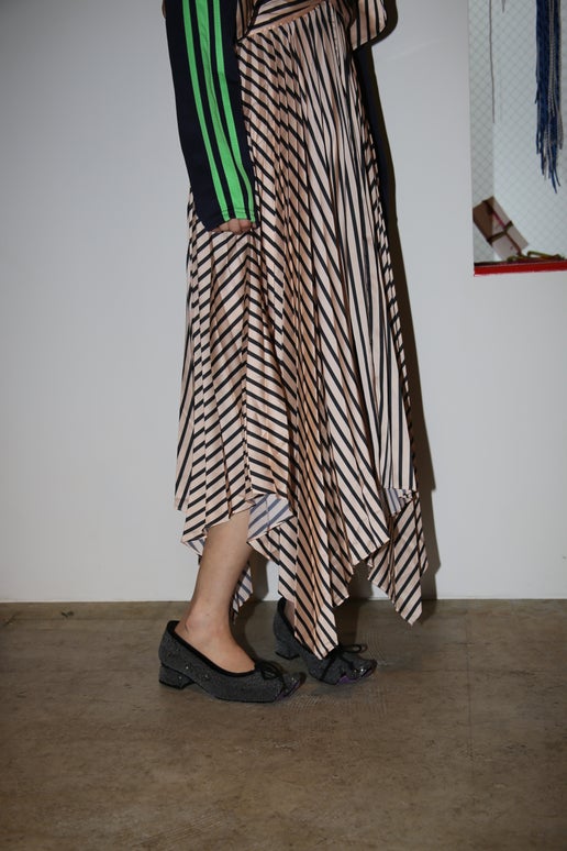 SELF PORTRAIT / STRIPE SATIN PLEATED DRESS